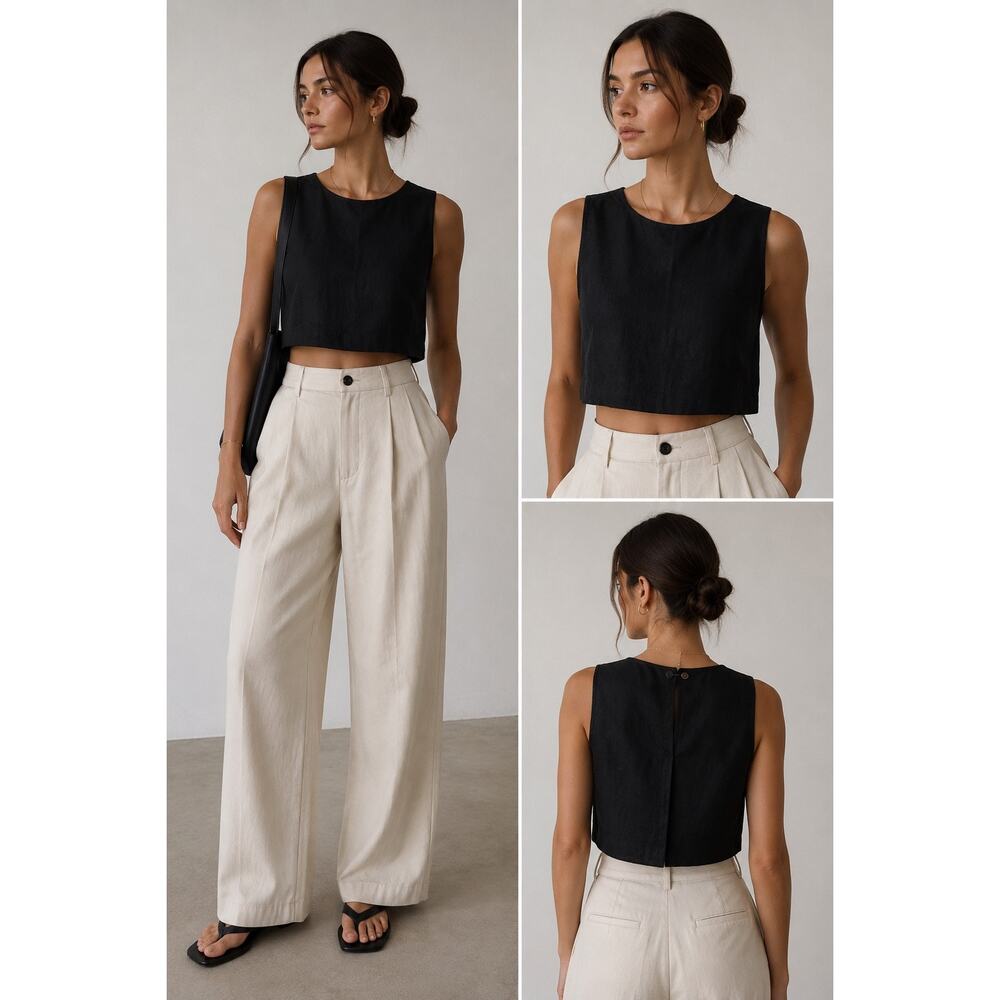 DISSH Black Linen Crop Top Women’s US 10 Minimalist Sleeveless 100% Linen Tank